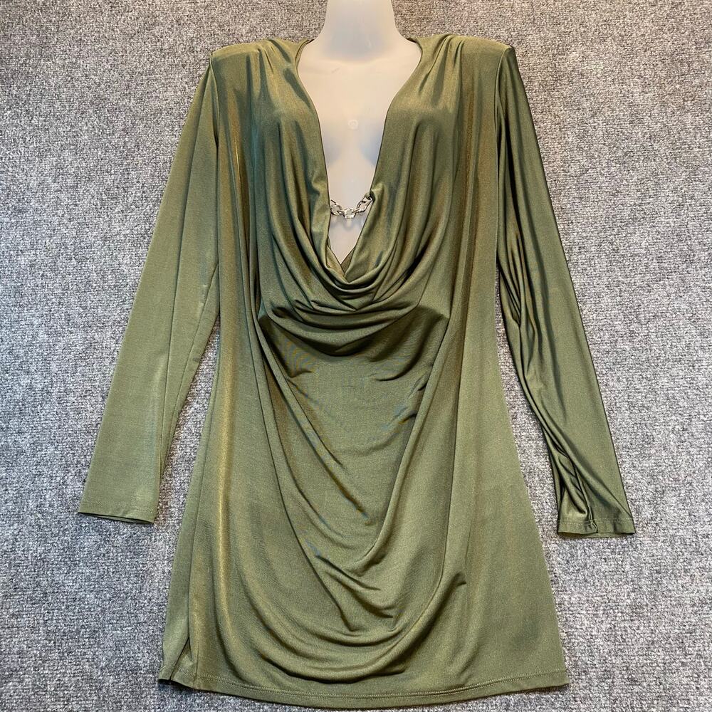 Asos Design Womens 10 Olive Green Cowl Cleavage Draped Shoulder Pads Mini Dress